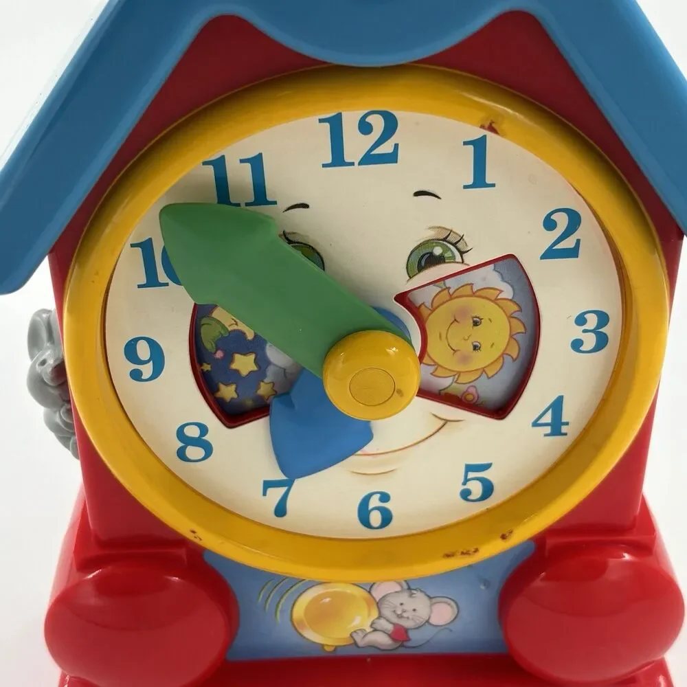 Vintage Fisher Price 1994 Wind-Up Music Teaching Clock Toy Red Blue Works